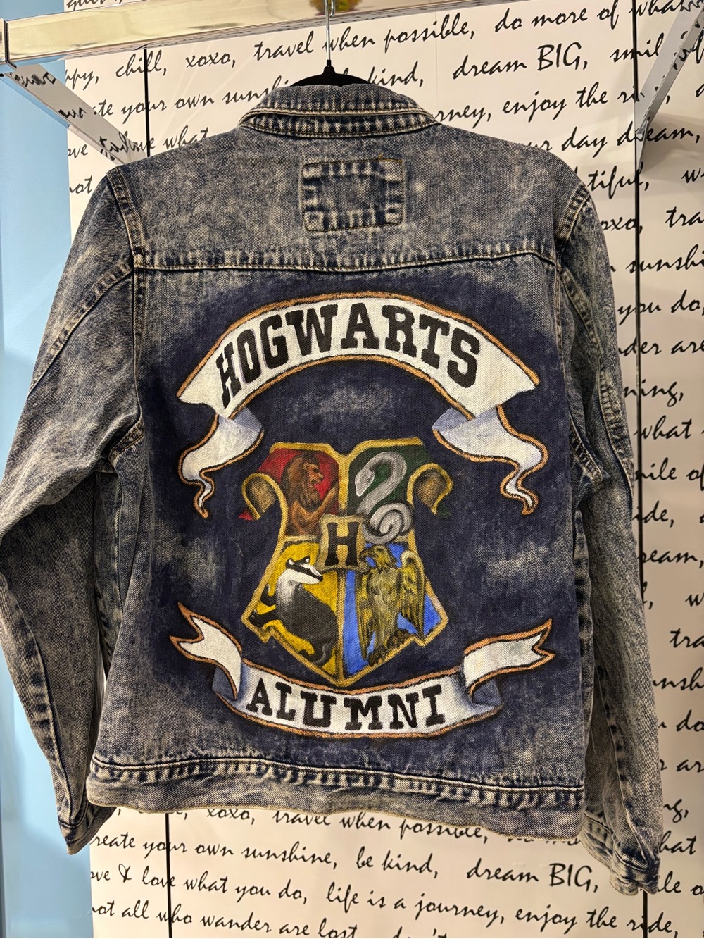 Hand Painted Hogwarts Alumni Acid Wash Denim Jacket - Blue